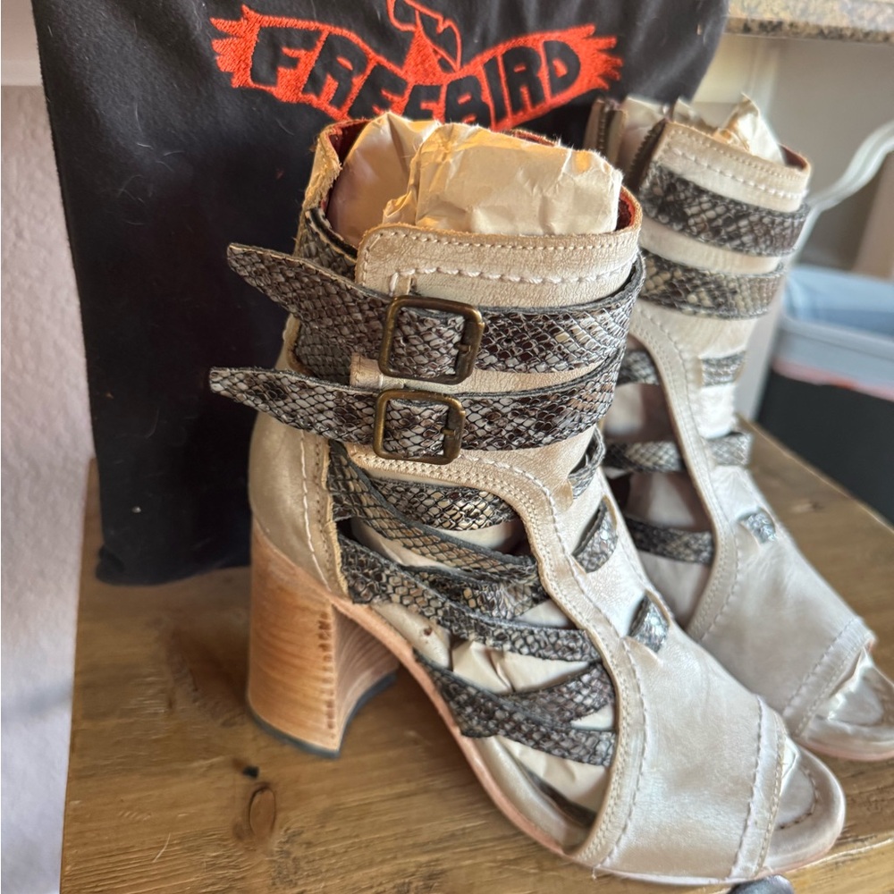 freebird Beige & Brown Strappy Heeled Booties